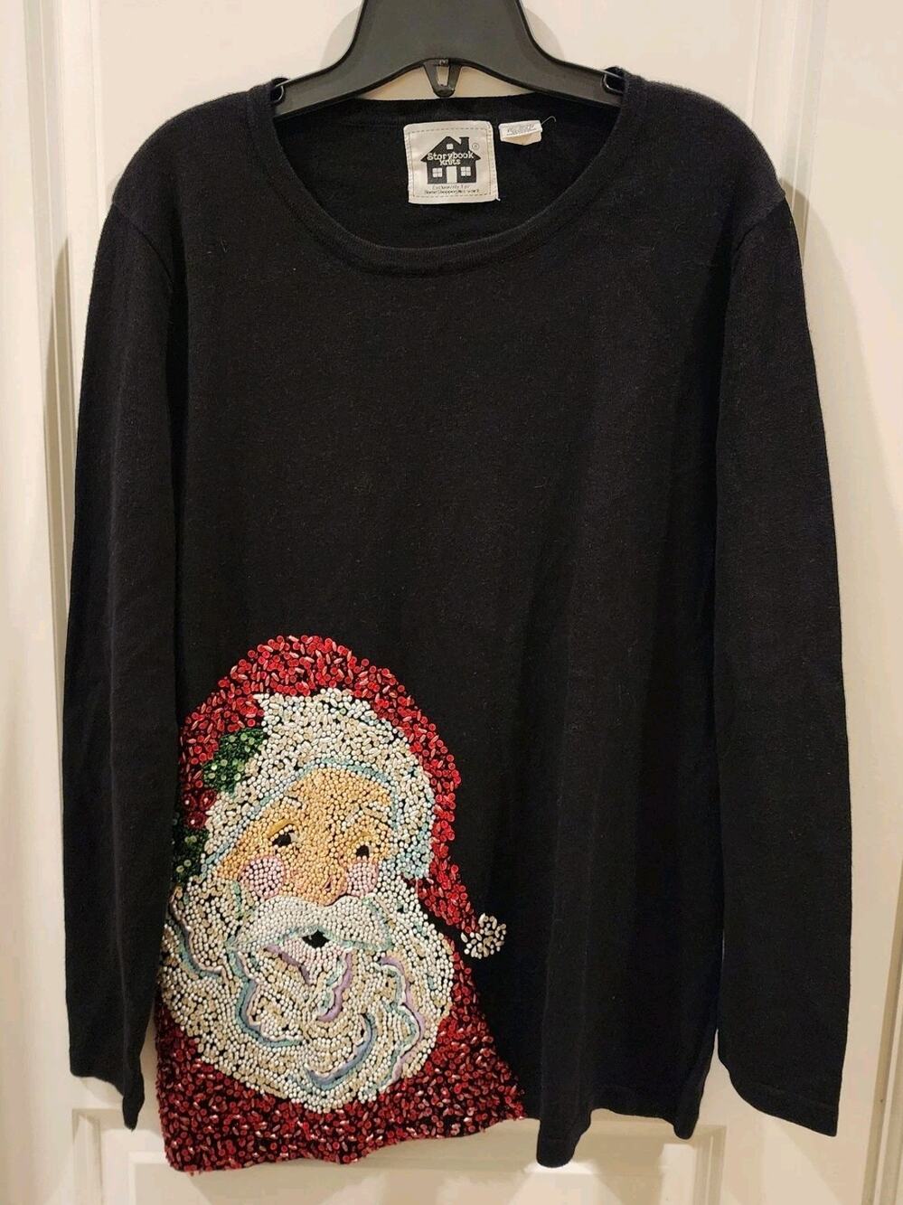VTG Storybook Knits Santa Sequin Beaded Christmas Sweater Large HSN Ramie Cotton